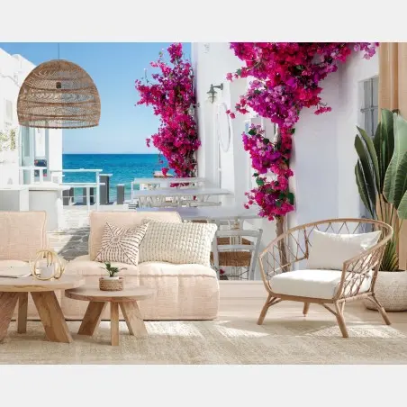 Fotomural rincón Mediterráneo con buganvillas junto al mar – Pixers®