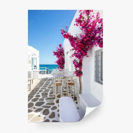 Fotomural rincón Mediterráneo con buganvillas junto al mar – Pixers®
