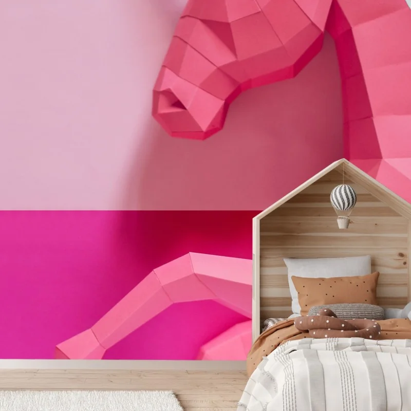 Fotomural unicornio geométrico rosa sobre fondo bicolor