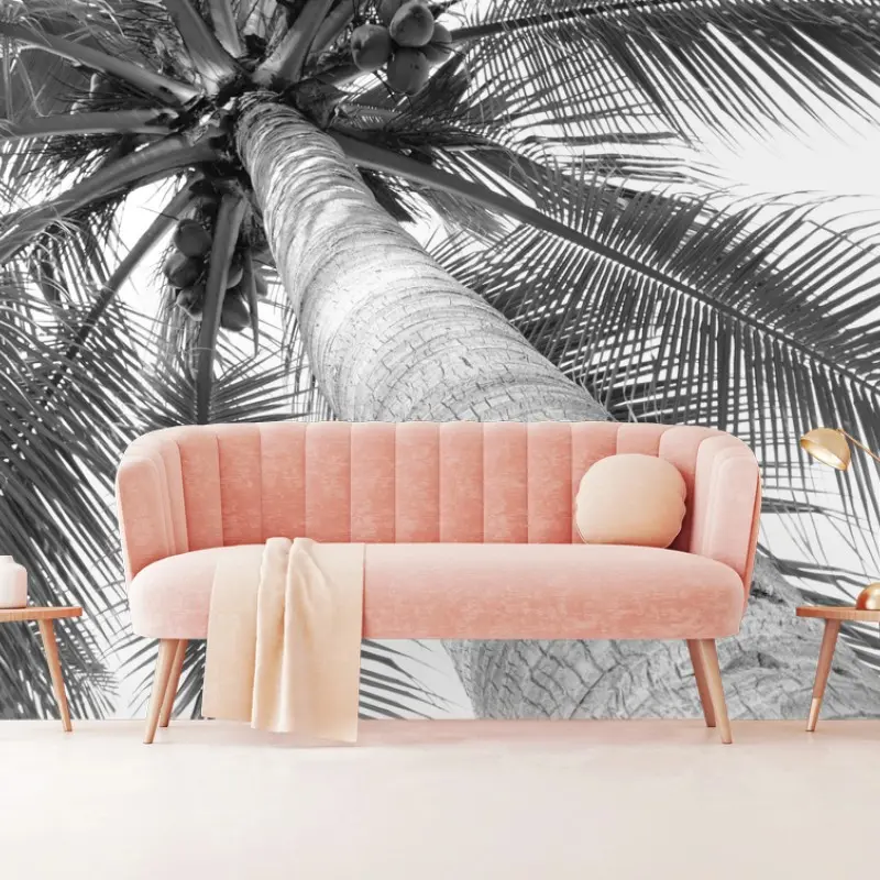 Fotomural vértigo de palmera tropical en blanco y negro