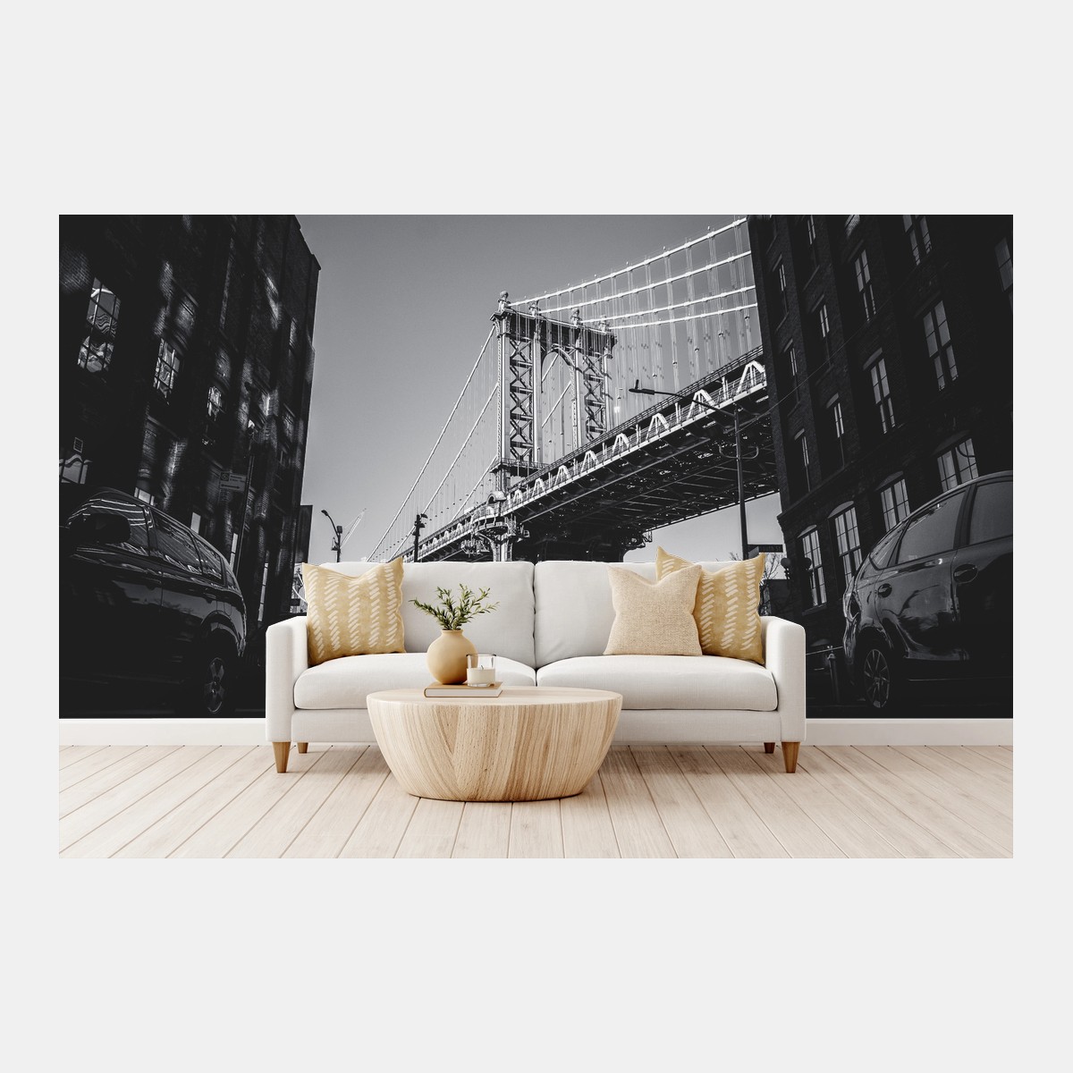 Fotomural vista icónica del puente de Manhattan en blanco y negro – Pixers®
