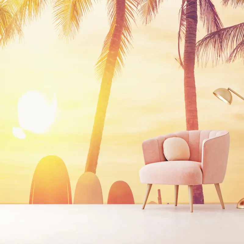 Fotomural atardecer tropical con tablas de surf