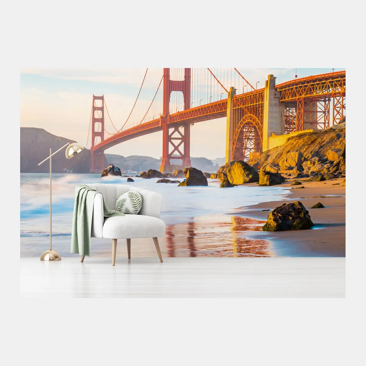 Fotomural panorámica dorada del Golden Gate desde Baker Beach – Pixers®