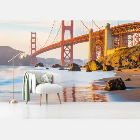 Fotomural panorámica dorada del Golden Gate desde Baker Beach – Pixers®