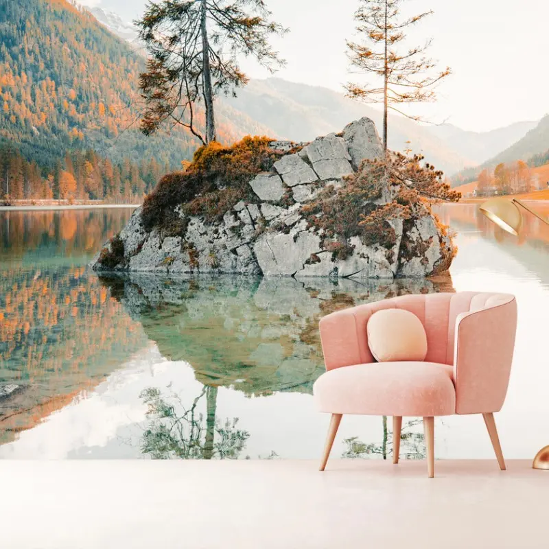 Fotomural isla rocosa reflejada en Lago Hintersee, Baviera