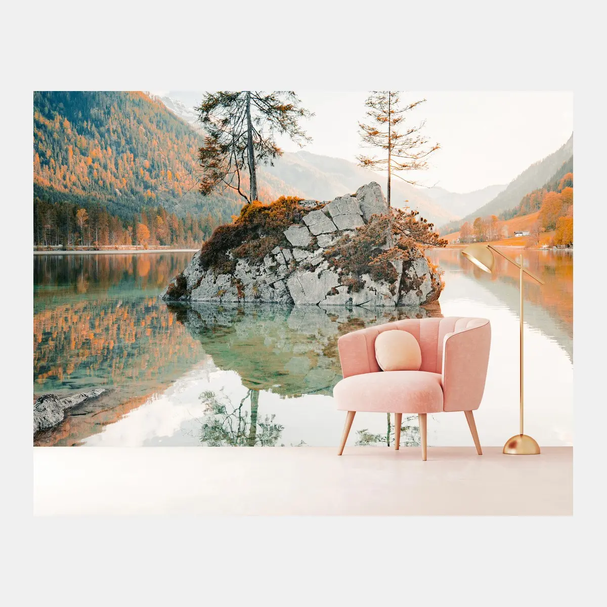 Fotomural isla rocosa reflejada en Lago Hintersee, Baviera – Pixers®