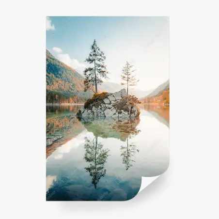 Fotomural isla rocosa reflejada en Lago Hintersee, Baviera – Pixers®