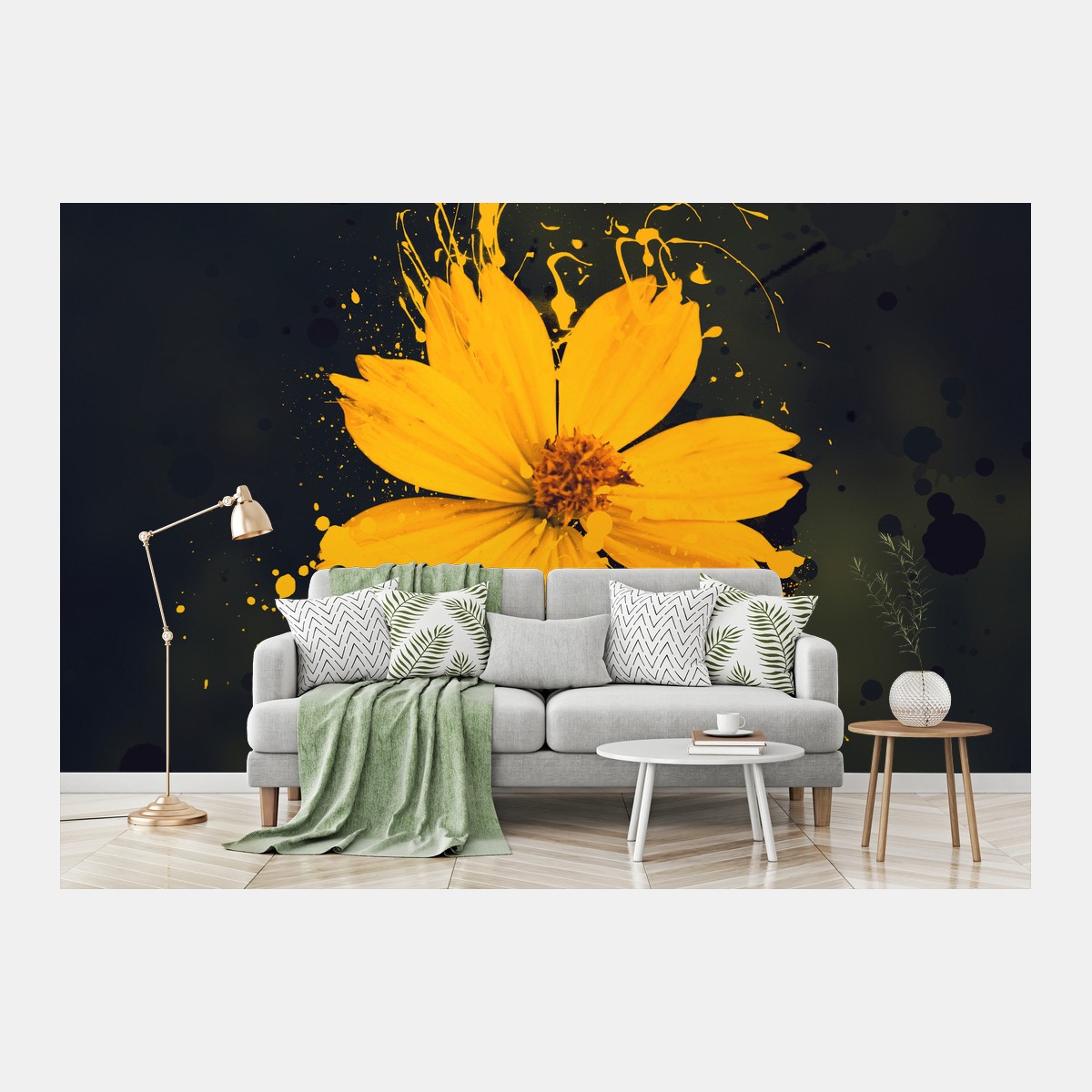 Fotomural flor amarilla con efecto salpicado sobre fondo oscuro – Pixers®