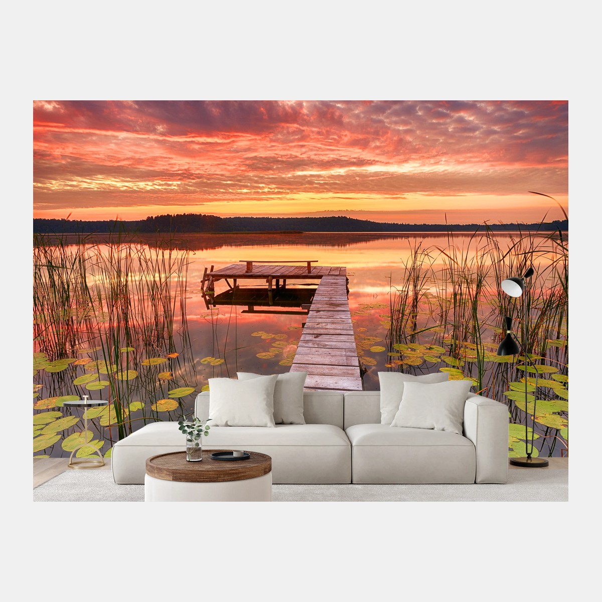 Fotomural amanecer en el muelle del lago – Pixers®