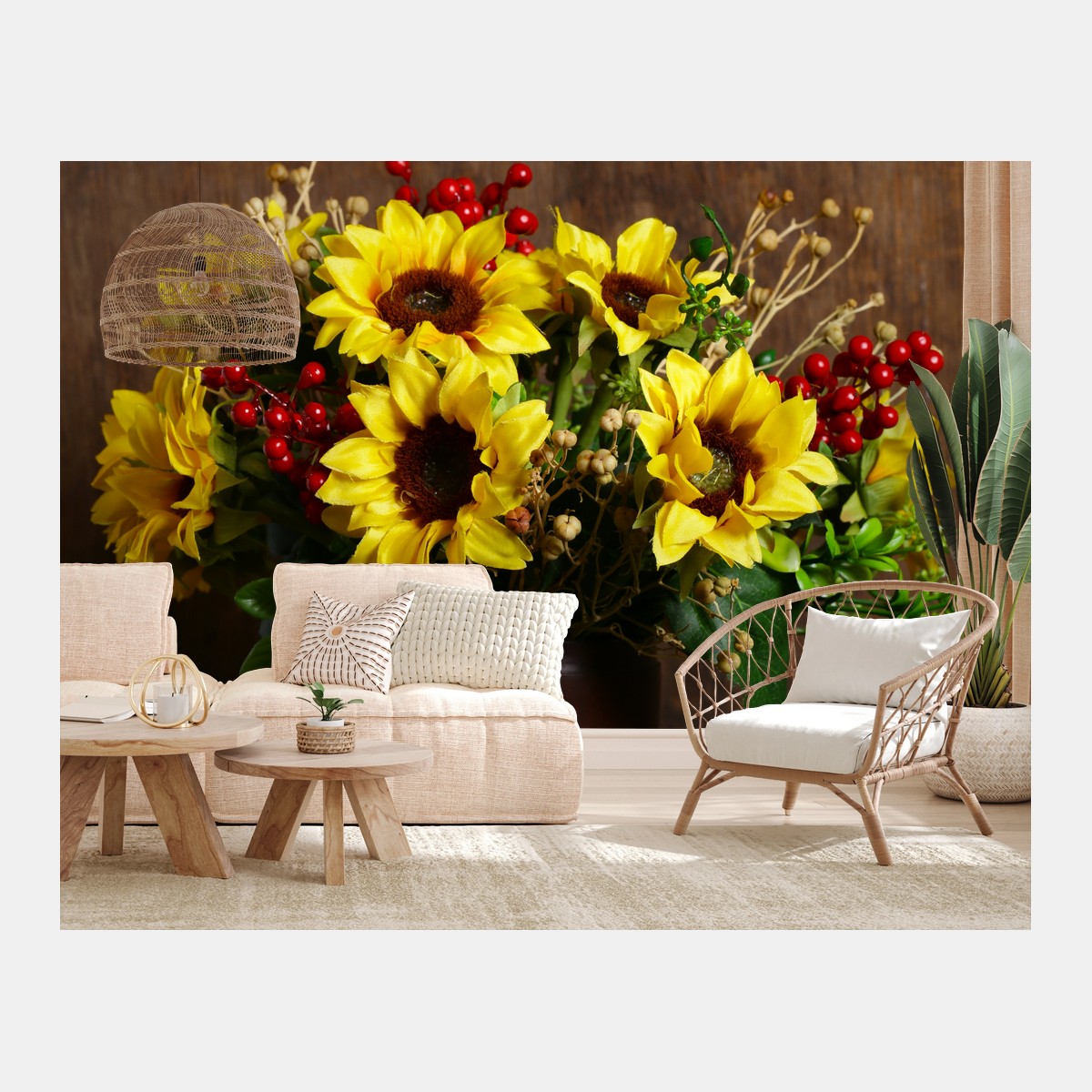 Fotomural ramo otoñal de girasoles sobre fondo de madera – Pixers®