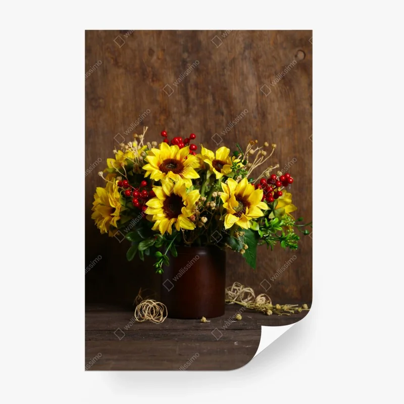 Fotomural ramo otoñal de girasoles sobre fondo de madera