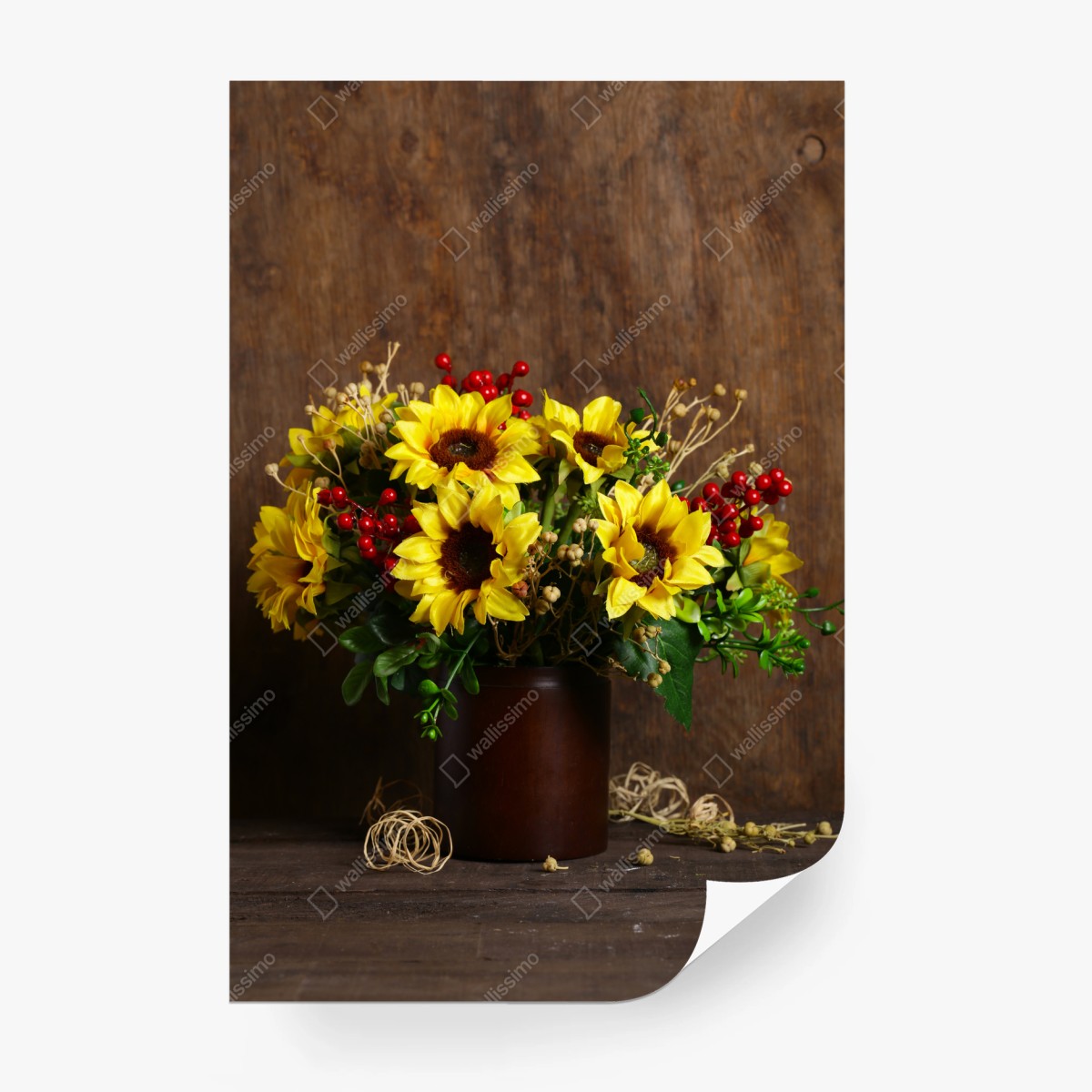 Fotomural ramo otoñal de girasoles sobre fondo de madera – Pixers®