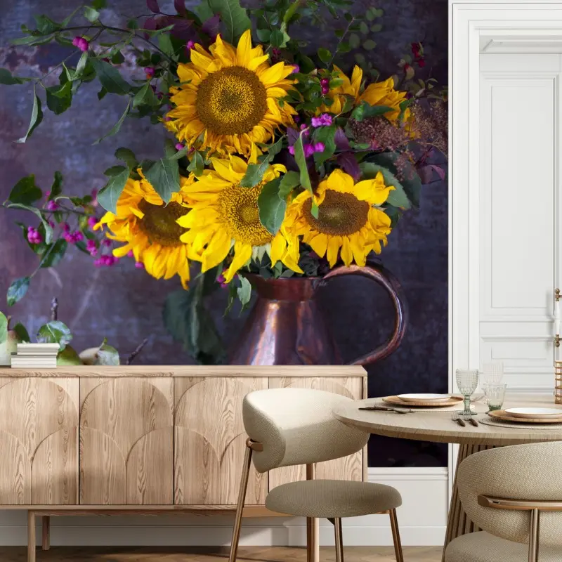 Fotomural bodegón otoñal con girasoles y peras