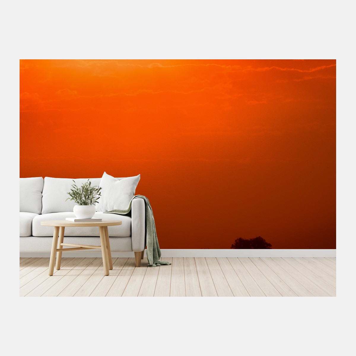 Fotomural atardecer naranja sobre el lago con silueta de bosque – Pixers®