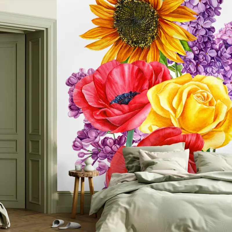 Fotomural ramo floral vibrante con girasol y rosas