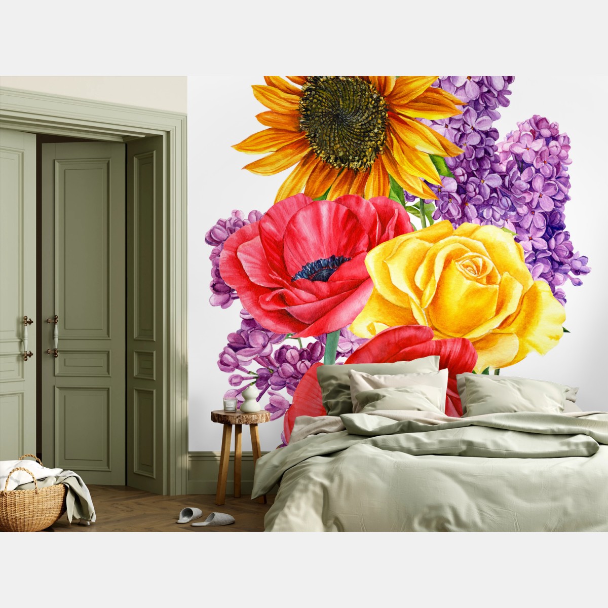 Fotomural ramo floral vibrante con girasol y rosas – Pixers®