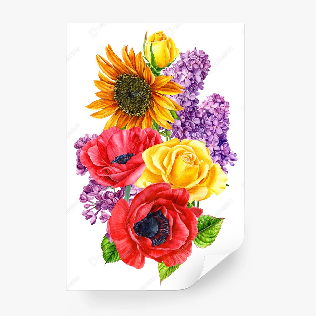 Fotomural ramo floral vibrante con girasol y rosas – Pixers®