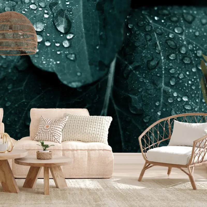 Fotomural hojas con gotas en tonos esmeralda