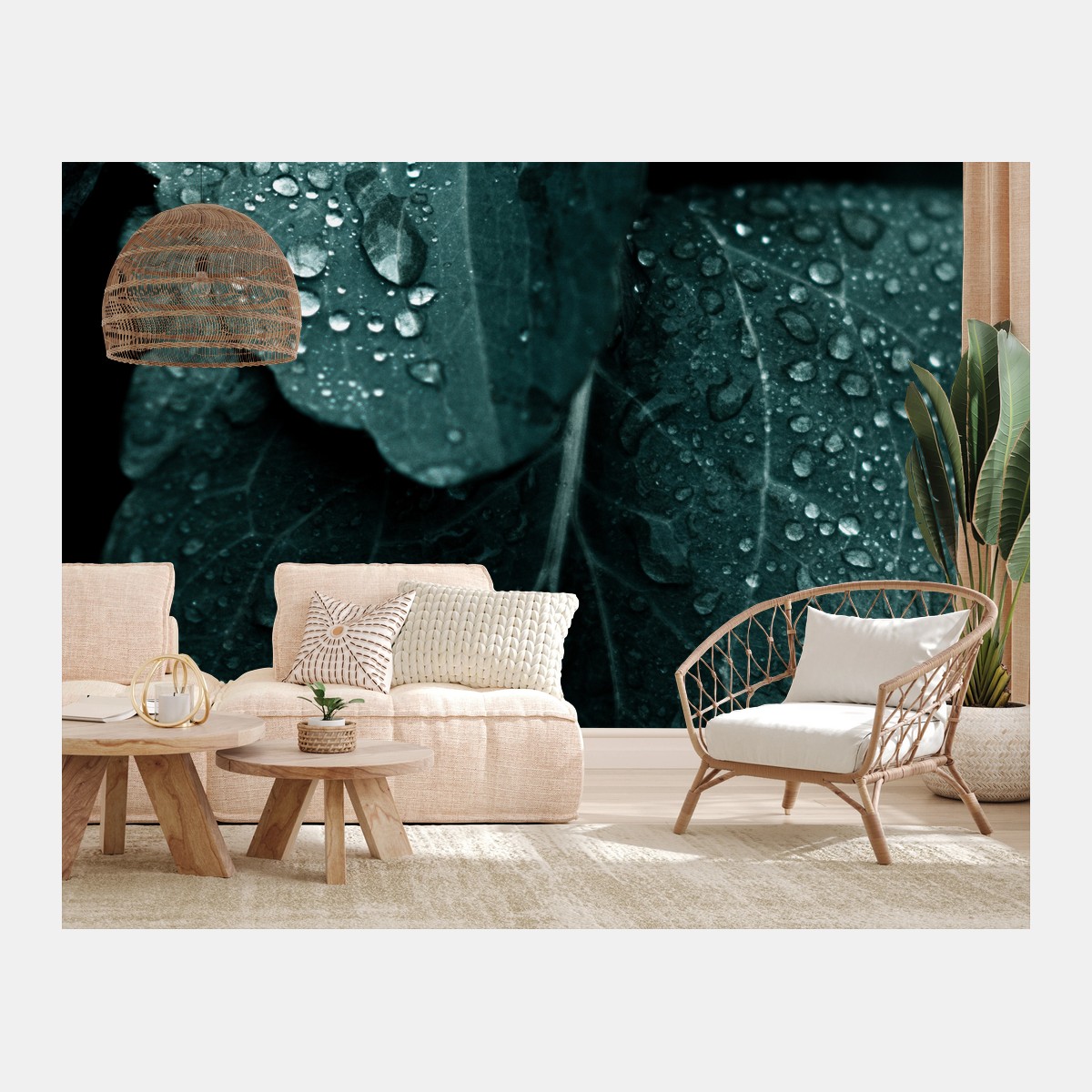 Fotomural hojas con gotas en tonos esmeralda – Pixers®