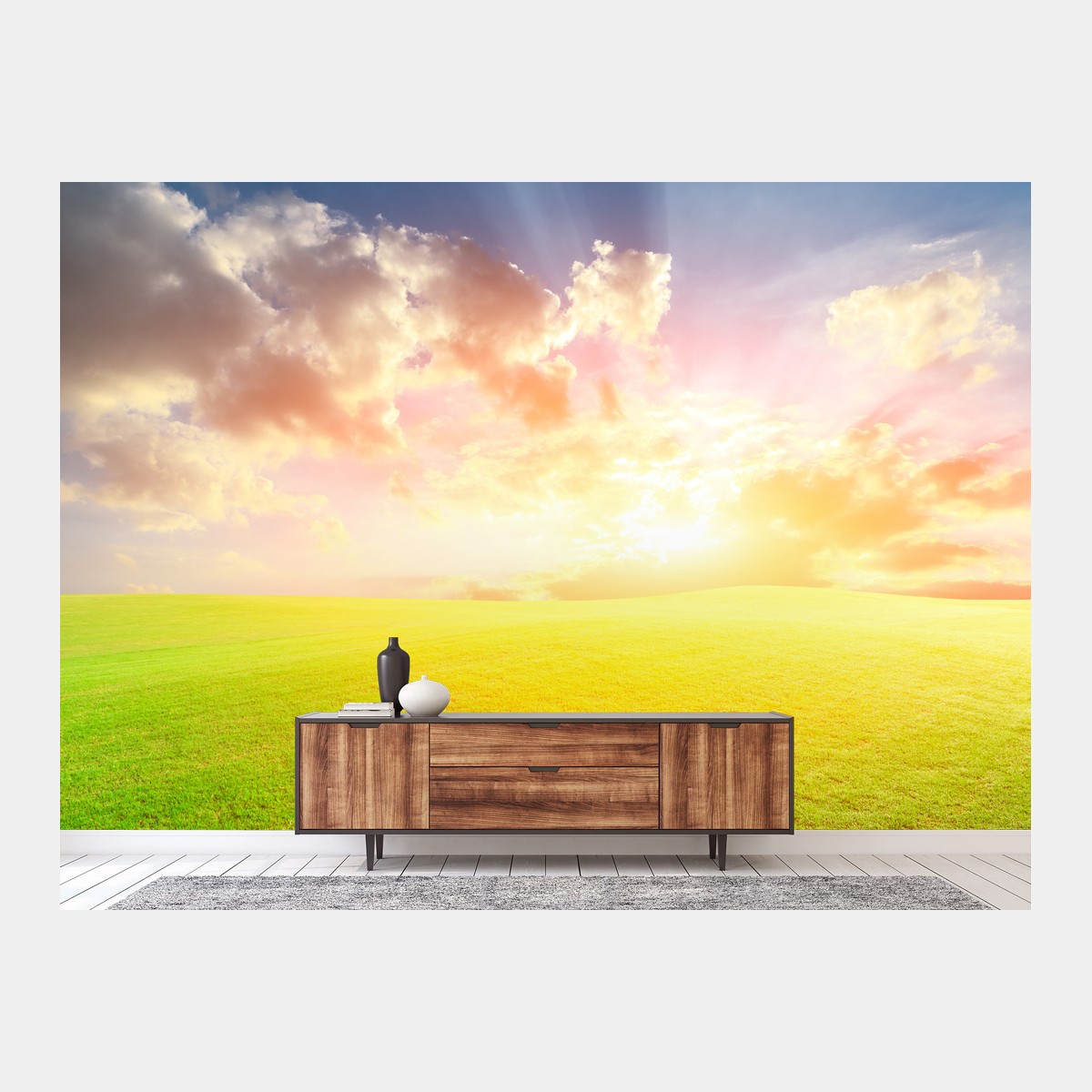 Fotomural atardecer dorado en pradera – Pixers®