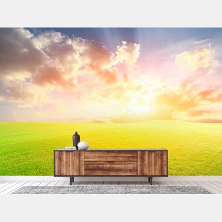 Fotomural atardecer dorado en pradera – Pixers®