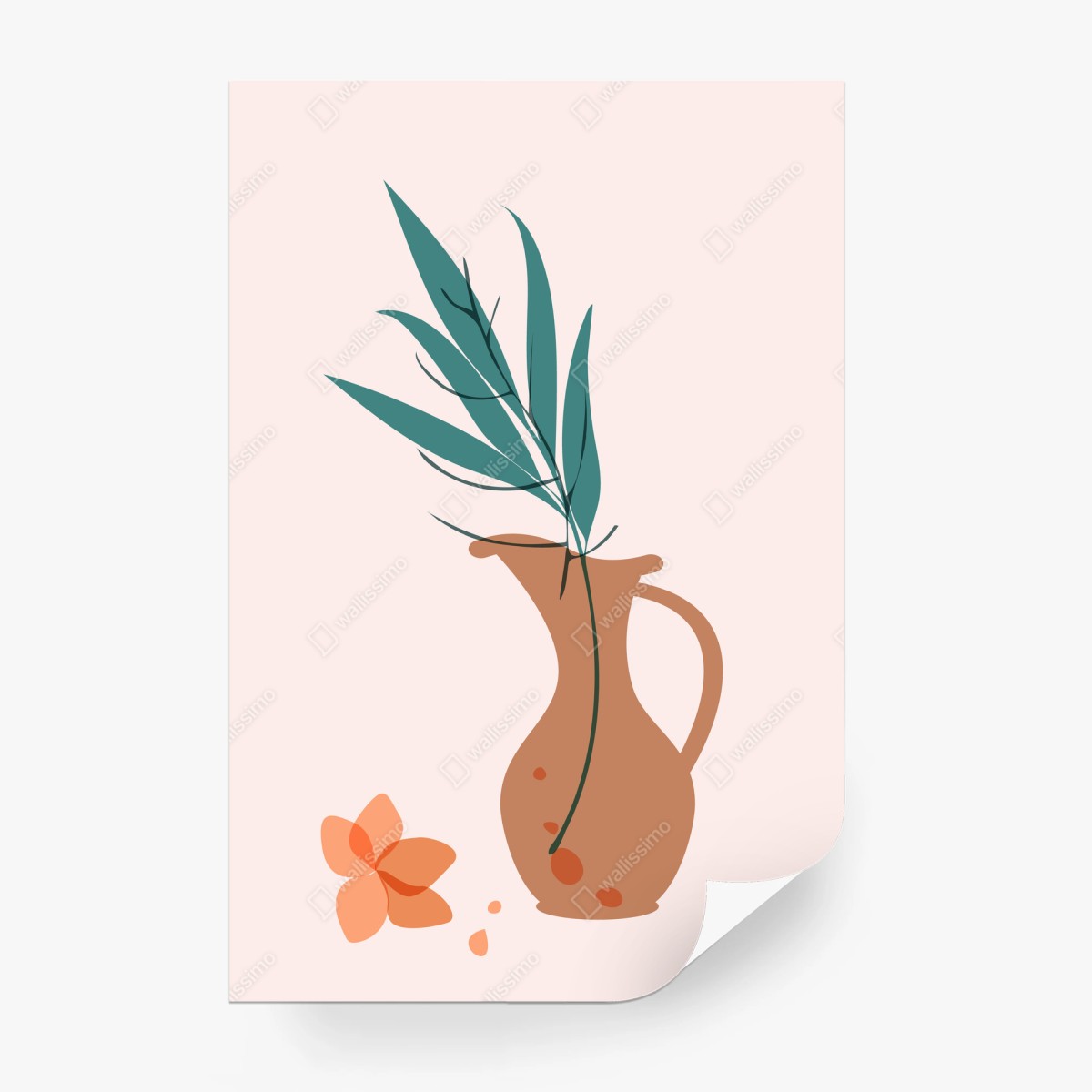 Fotomural jarrón terracota con hojas verdes y flor minimalista – Pixers®