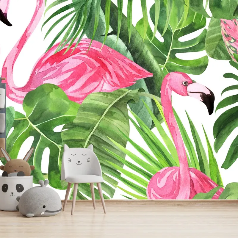 Fotomural flamencos rosas entre hojas tropicales