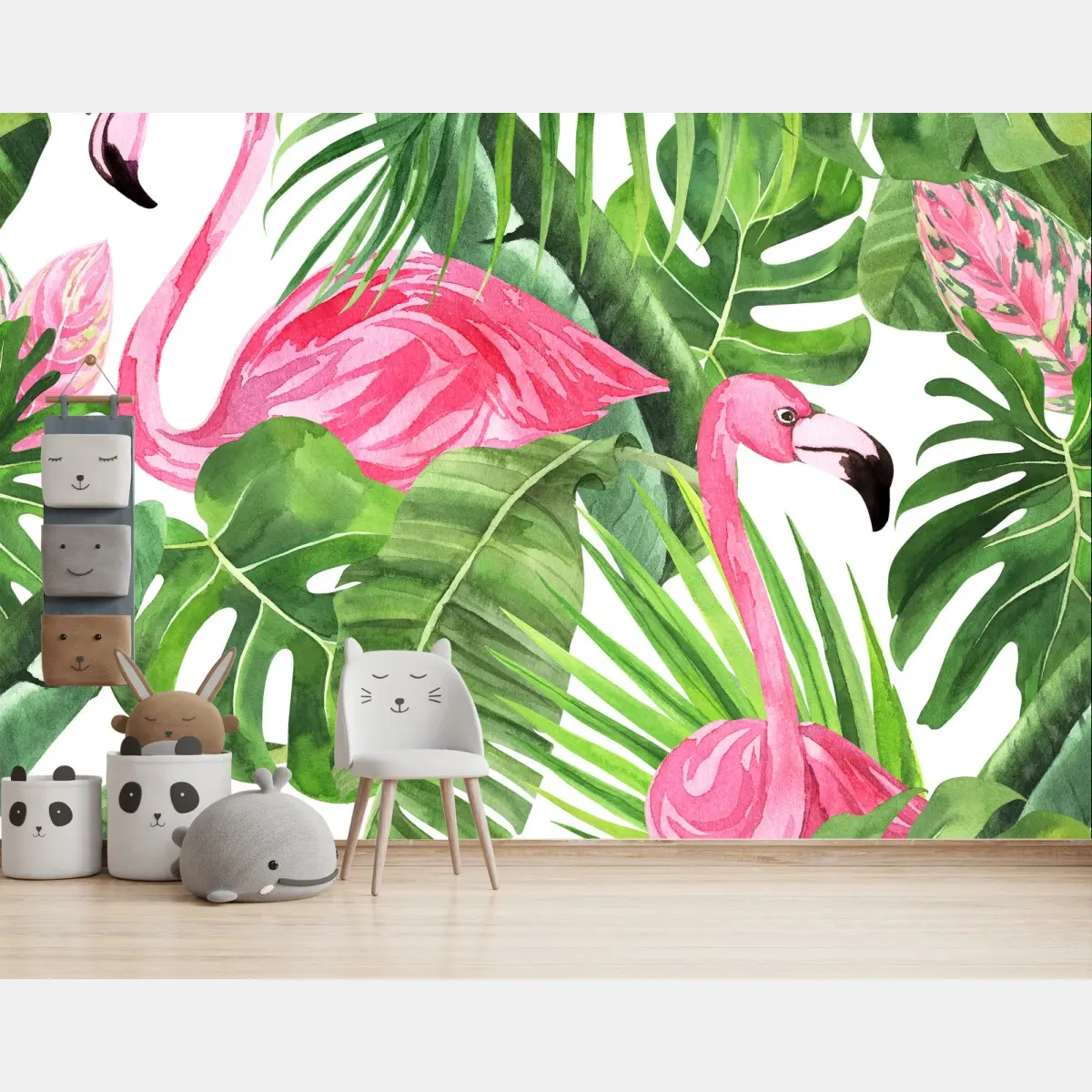 Fotomural flamencos rosas entre hojas tropicales – Pixers®
