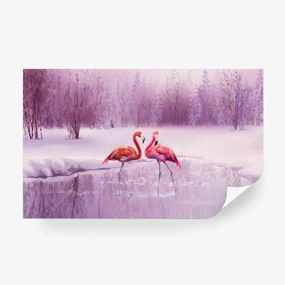 Fotomural pareja de flamencos en paisaje invernal púrpura – Pixers®