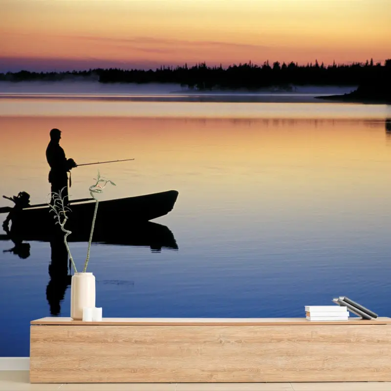 Fotomural amanecer de pesca en lago tranquilo