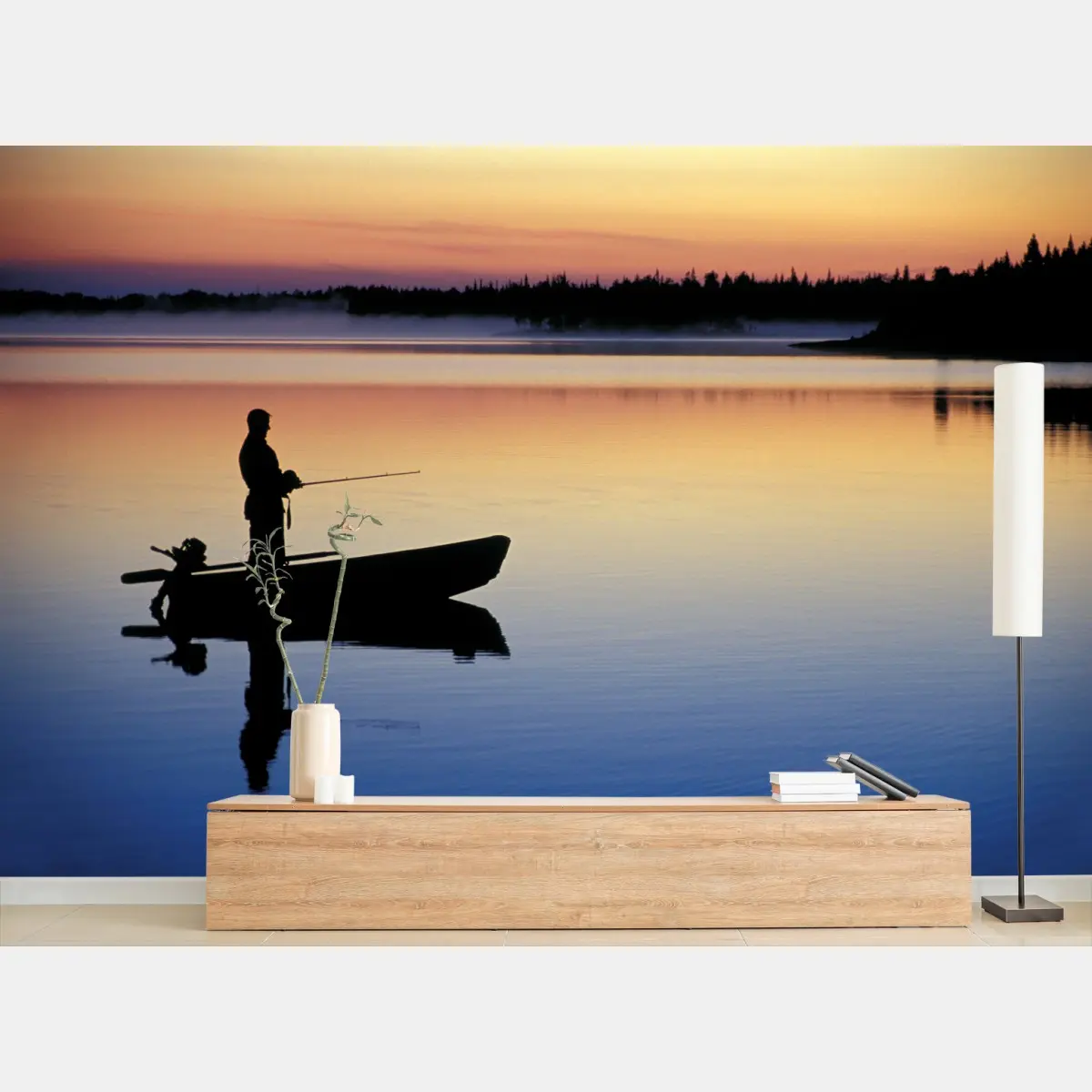 Fotomural amanecer de pesca en lago tranquilo – Pixers®