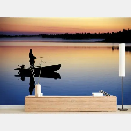 Fotomural amanecer de pesca en lago tranquilo – Pixers®