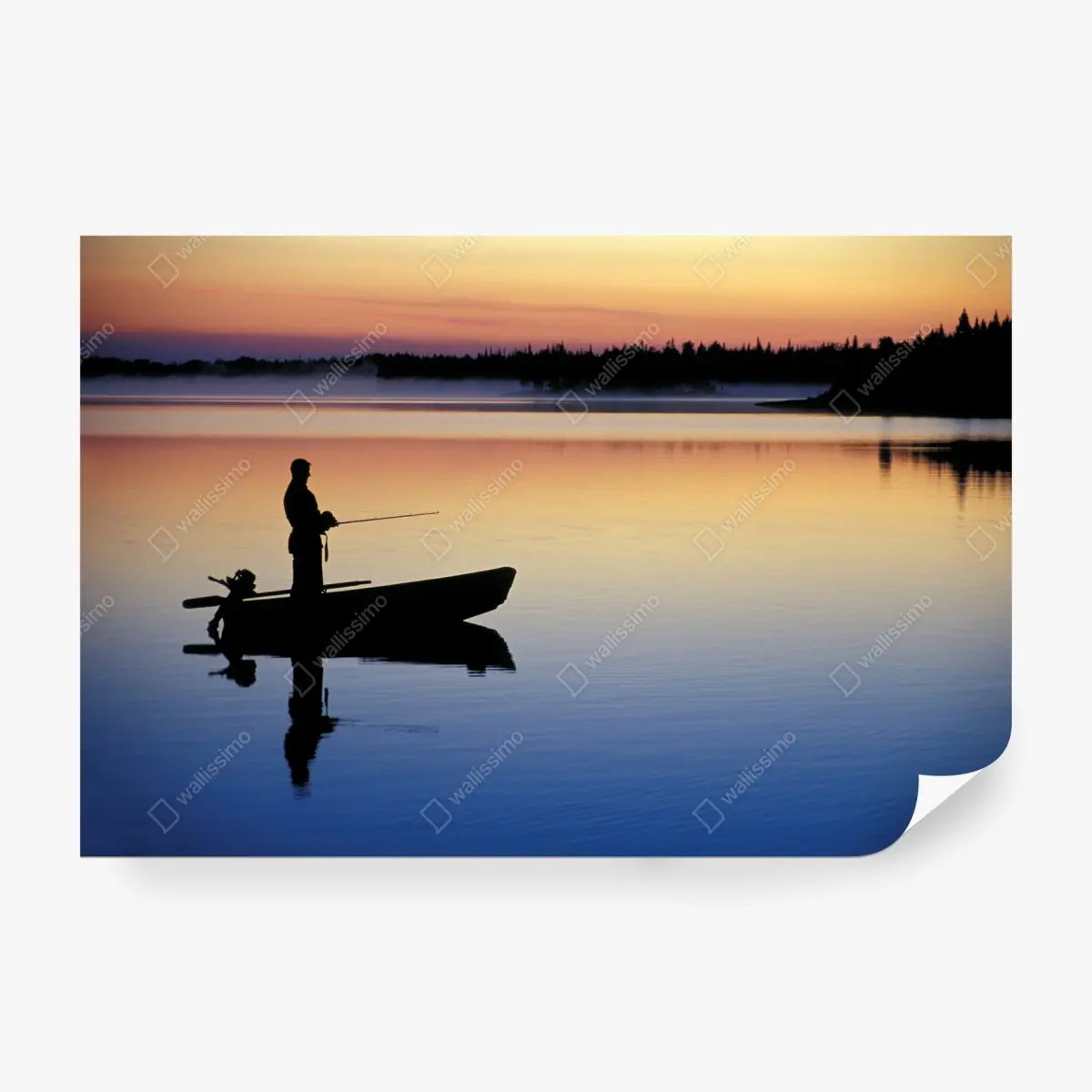 Fotomural amanecer de pesca en lago tranquilo – Pixers®