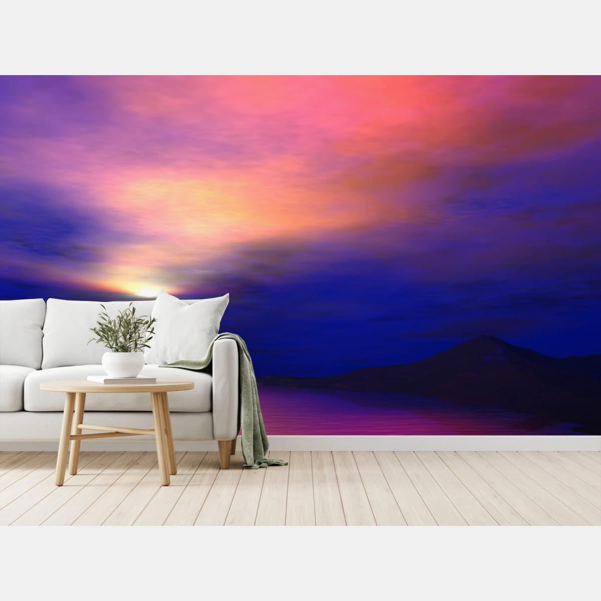 Fotomural puesta de sol sobre lago y montañas en tonos vivos – Pixers®