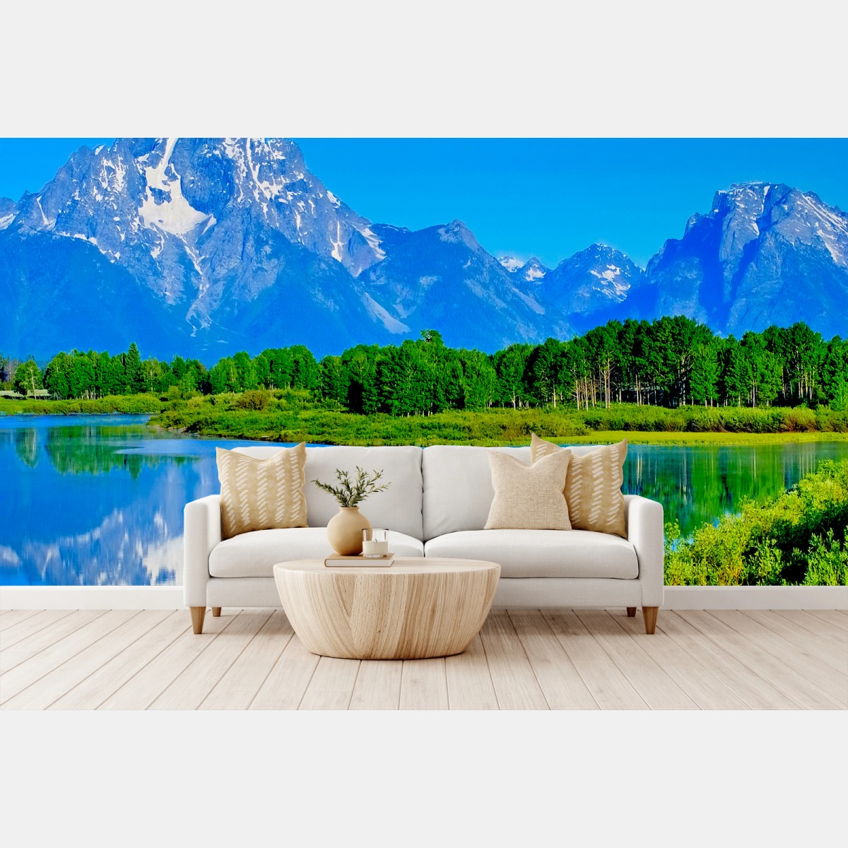 Fotomural reflejo de montaña y bosque en aguas cristalinas – Pixers®
