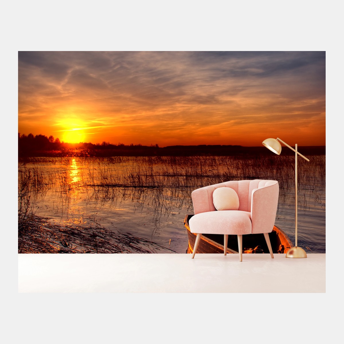 Fotomural atardecer en el lago con bote solitario – Pixers®