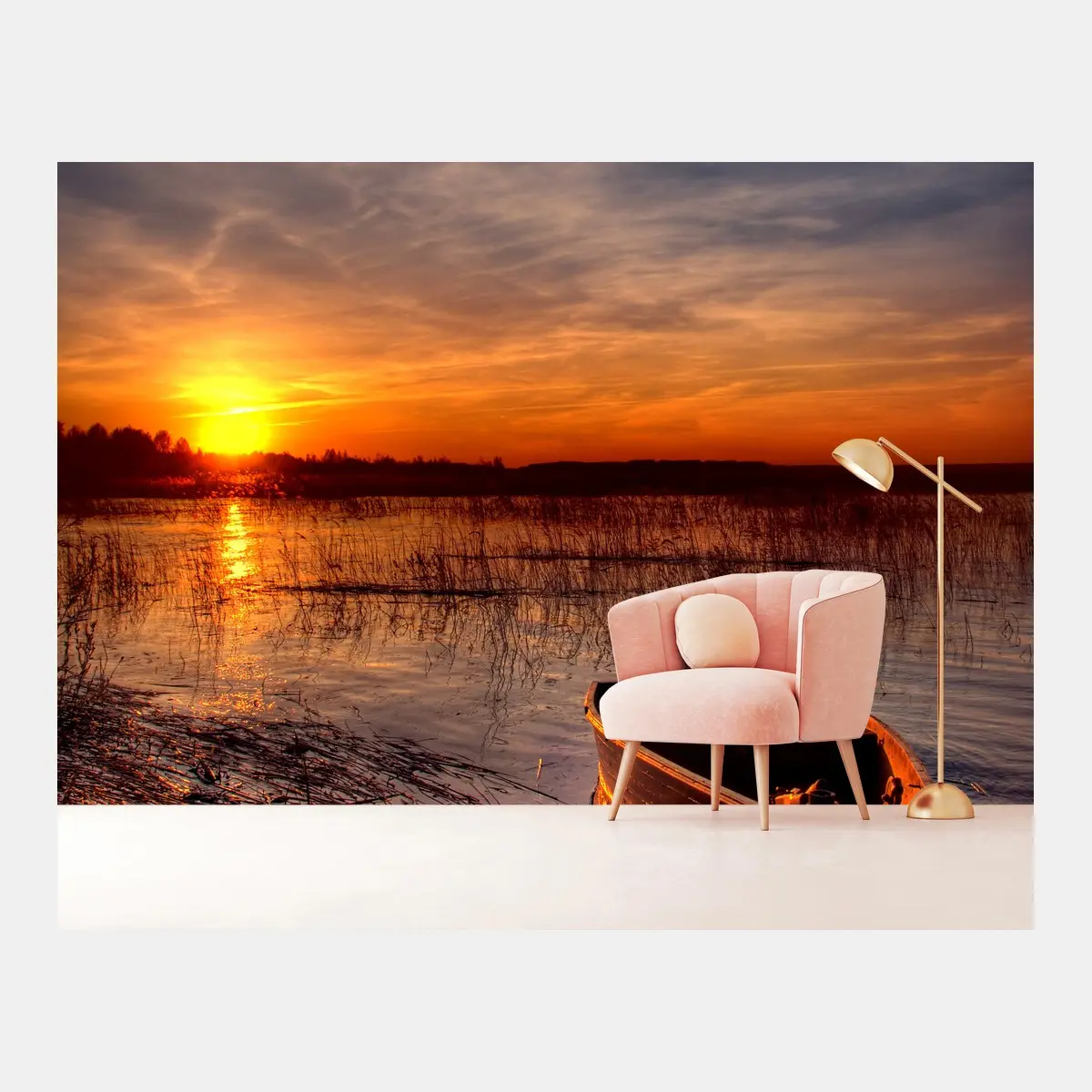 Fotomural atardecer en el lago con bote solitario – Pixers®