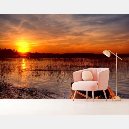 Fotomural atardecer en el lago con bote solitario – Pixers®