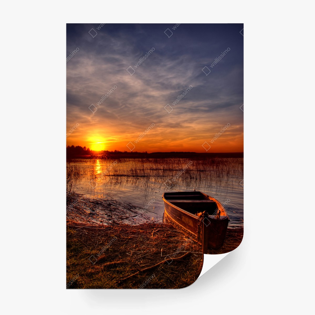 Fotomural atardecer en el lago con bote solitario – Pixers®