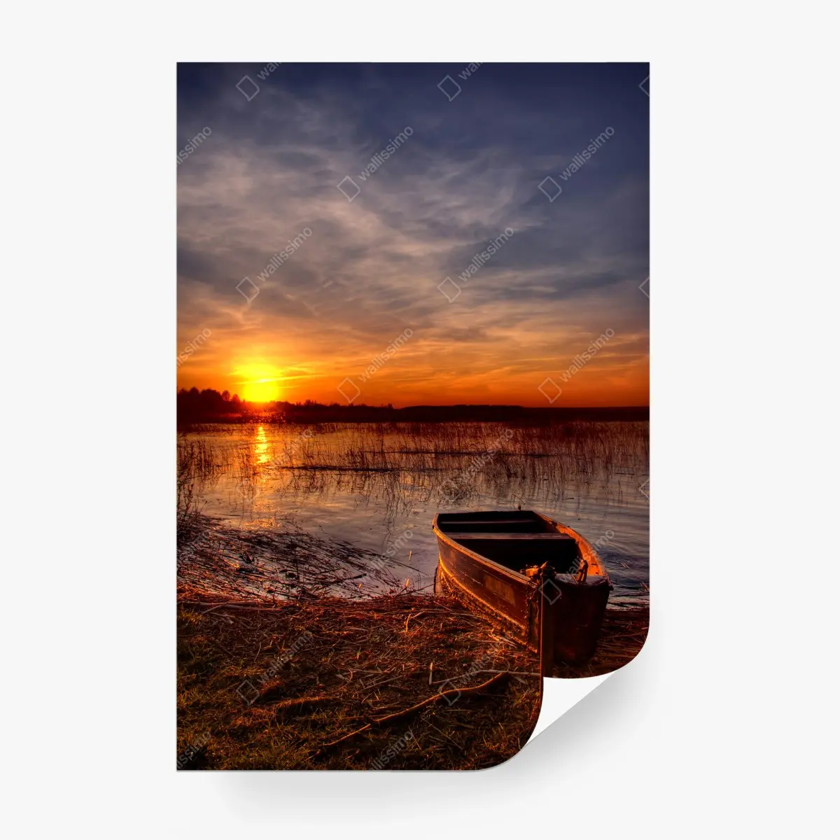 Fotomural atardecer en el lago con bote solitario – Pixers®