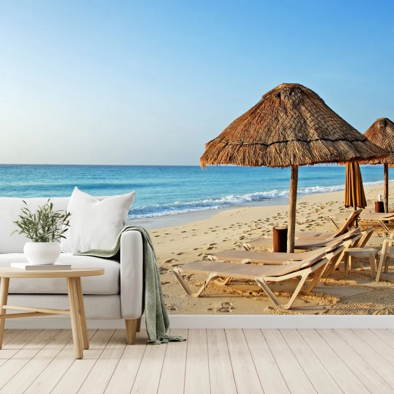 Fotomural playa paradisíaca con palapas y tumbonas – Pixers®