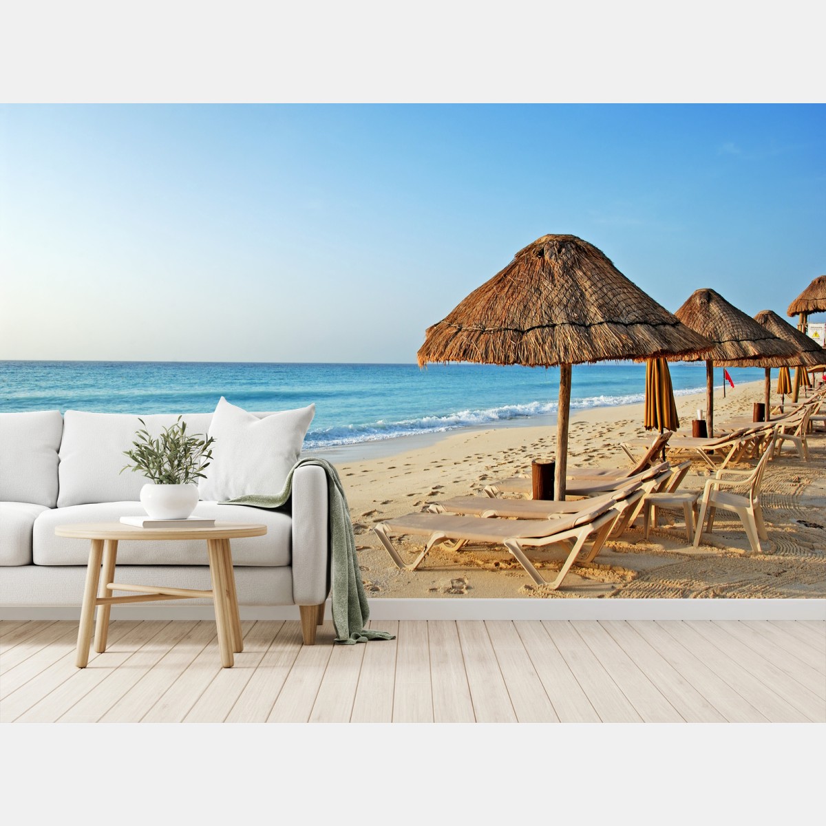 Fotomural playa paradisíaca con palapas y tumbonas – Pixers®