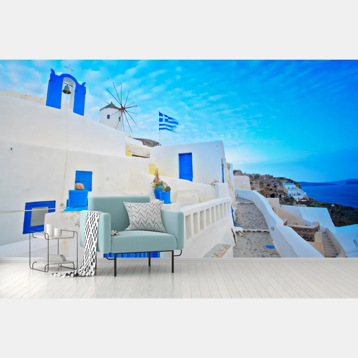 Fotomural vista costera de Santorini con casas blancas y puertas azules – Pixers®
