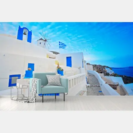 Fotomural vista costera de Santorini con casas blancas y puertas azules – Pixers®