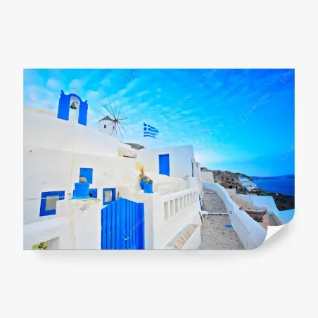 Fotomural vista costera de Santorini con casas blancas y puertas azules – Pixers®