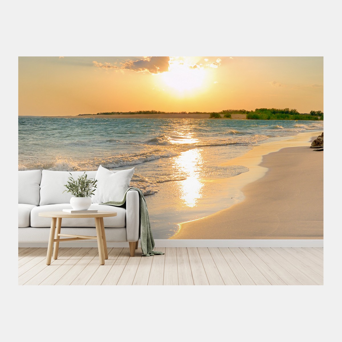 Fotomural atardecer dorado en la playa serena – Pixers®