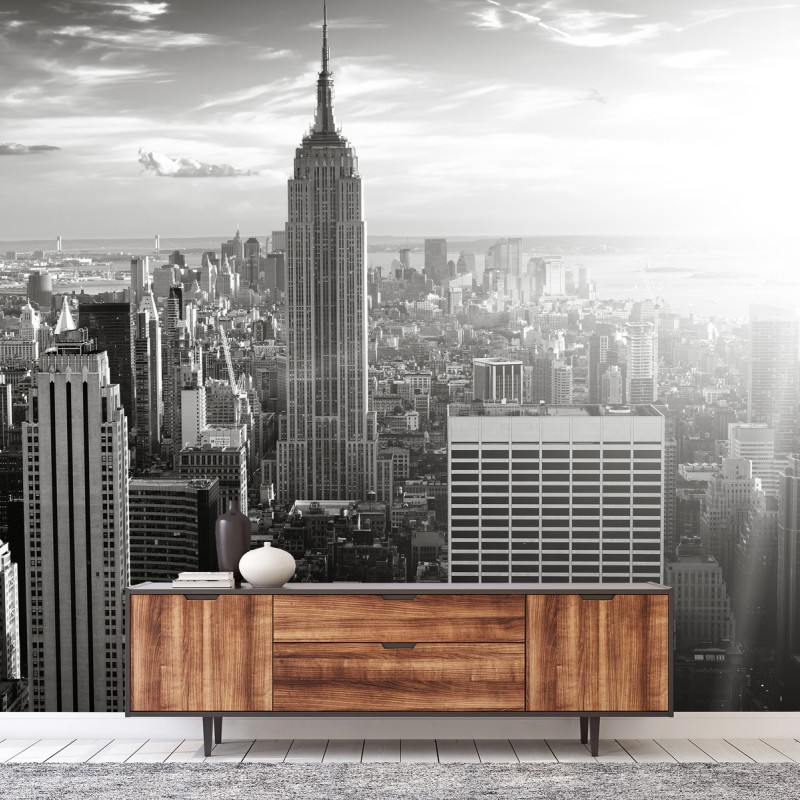 Fotomural panorama urbano en blanco y negro con Empire State, Nueva York