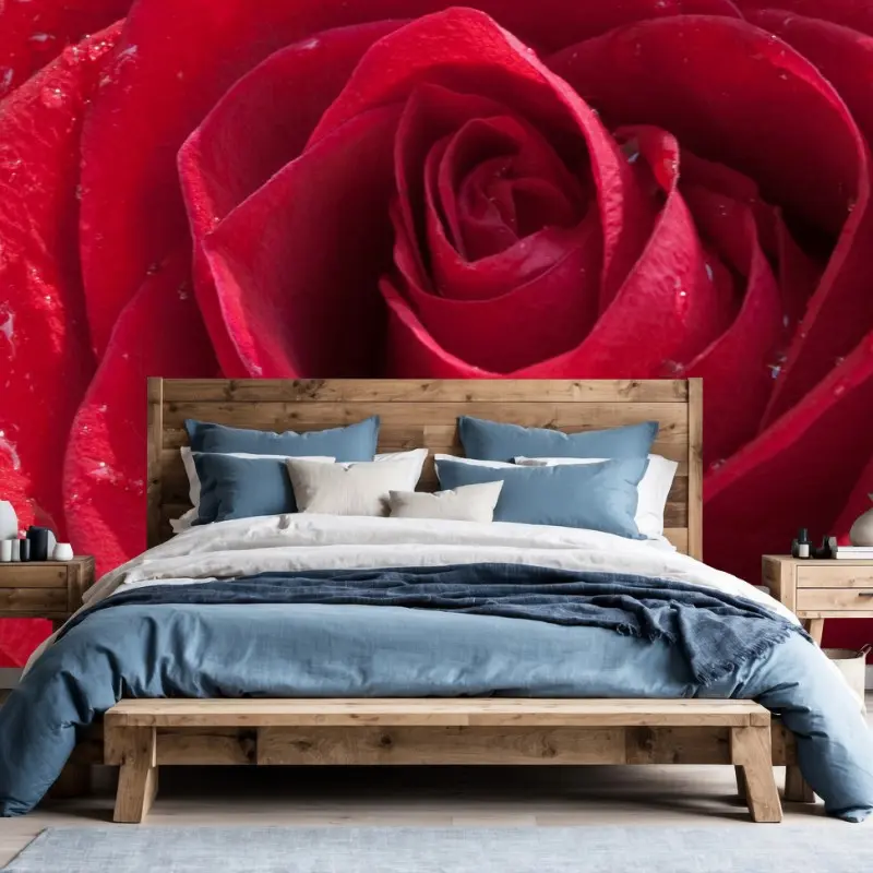 Fotomural rosa roja con gotas de rocío