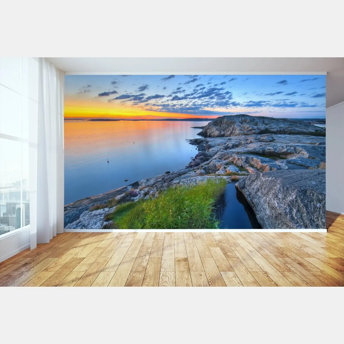 Fotomural atardecer sereno en la costa rocosa – Pixers®