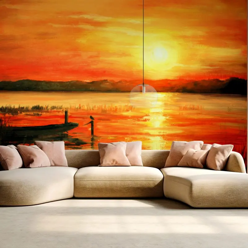 Fotomural atardecer naranja sobre el lago